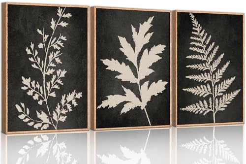 Boho Black Tan Fern Leaf Framed Canvas Wall Art Set -24"x36"x3 - color: Black Fern Wall Art, size: 24"L x 36"W