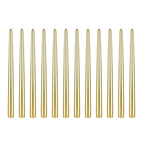 Mega Candles 12 pcs Unscented Gold Taper Candles, Hand Poured Wax Candle 12 Inch x 7/8 Inch, Home Décor, Wedding Receptions, Centerpieces, Occasions, Events, Romantic Dinners, Prayer, Holders - color: Gold