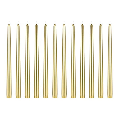 Mega Candles 12 pcs Unscented Gold Taper Candles, Hand Poured Wax Candle 12 Inch x 7/8 Inch, Home Décor, Wedding Receptions, Centerpieces, Occasions, Events, Romantic Dinners, Prayer, Holders - color: Gold