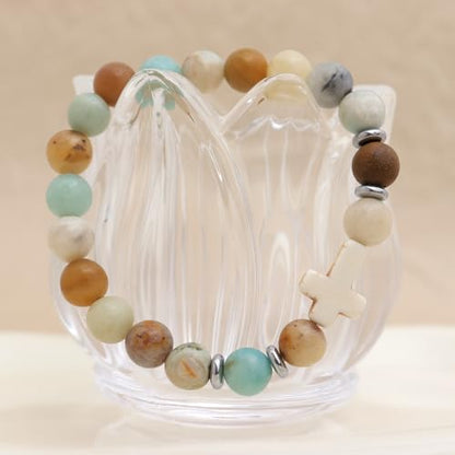 Cross Birthstone Gemstone Beaded Stretch Protection Bracelet for Man Woman, Handmade Healing Stone Chakra Beads Elastic Bracelets Accessories Fashion Jewelry Gift. - color: Natural Stone