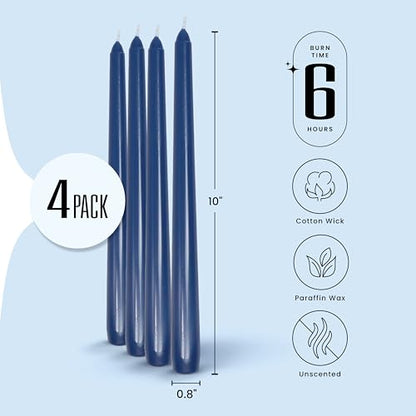 Leor & Lair Dark Blue Taper Candles, 4 Pack, 10" Blue Candlesticks - color: Blue