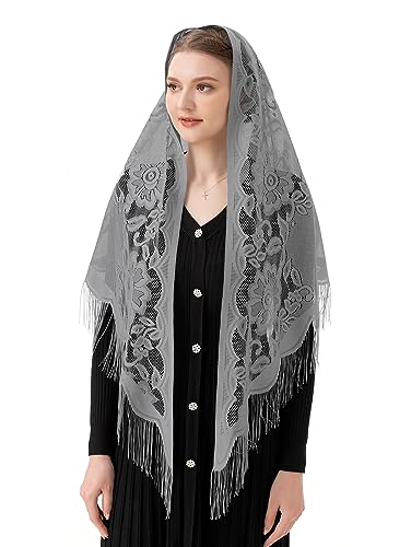 PAMOR Triangle Catholic Church Veil Chapel Veil Scarf Mantilla Veils Wrap Shawl Mass Head Covering with Fringe Trim - color: Gray