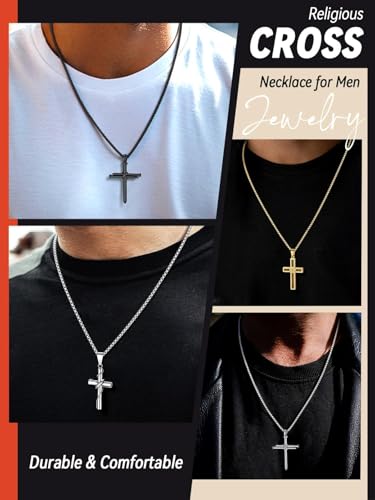 FaithHeart Stainless Steel Cross Necklace for Men, Silver/Black/Gold Cross Chains for Men Religious Amulet Necklaces Christian Gifts for Dad - style: Nail Cross-Black