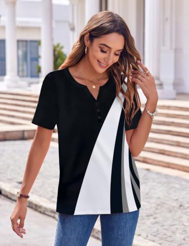 Zeagoo Womens Summer Tops Casual Short Sleeve V Neck T Shirts Dressy Blouse - color: Black White-jh540, size: Medium