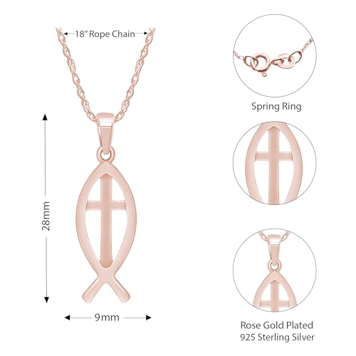 Christian Fish Cross Pendant Necklace for Women Religious Faith Jewelry - color: rose-gold-plated-silver