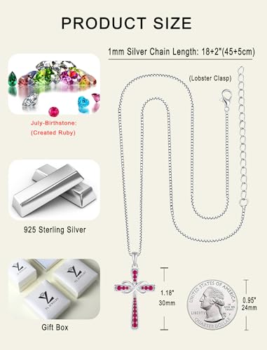 YL 925 Sterling Silver Cross Necklace for Women Halo Infinity Pendant Cubic Zirconia Jewelry for Mom - color: 07-ruby-Jul