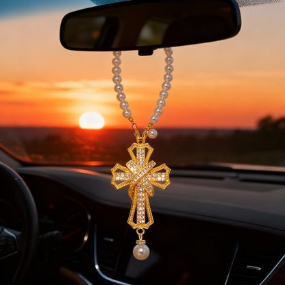 Car Rear View Mirror Hanging Cross Charm, Christian Car Accessories, Rearview Mirror Accessories, Cross for Car, 18K Gold Plated Brass with CZ Crystals & Pearl Beads, Faith Gift for Drivers Safe Travel