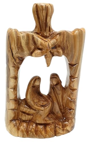 Zuluf Olive Wood Nativity Scene 6.5" - Large Abstract Hand Carved Holy Family with Bethlehem Star Christmas Decor HOF056