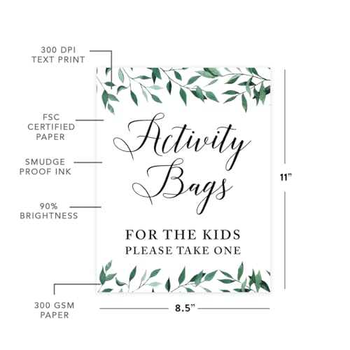 Andaz Press Wedding Party Signs, Natural Greenery Green Leaves, 8.5x11-inch, Activity Bags for the Kids Please Take One, 1-Pack - color: Activities Kids Bags