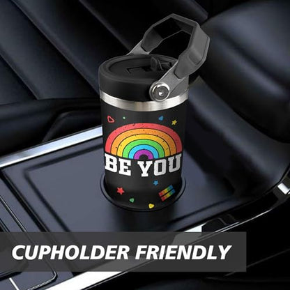 Rainbow Pride Flag Tumbler, Retro Be You Travel Mug, Gay Pride Cups Lesbian Gifts for Women Men, 30 Oz Stainless Steel Tumbler With Handle & Straw, LGBTQ Awareness Month Gifts - color: LGBTQ Awareness Tumbler-2