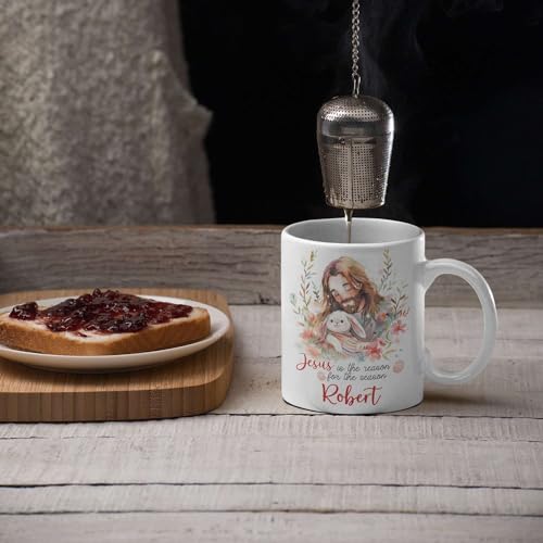 Customized Cup Featuring Jesus And Bunny Illustration, Christian Coffee Mug 11oz 15oz, Custom Name Religious Cup For Adults, Personalized Christian Ceramic Mug, Gift For Christian Holiday - color: XUA-324-1553-JESUS AND RABBIT MUG