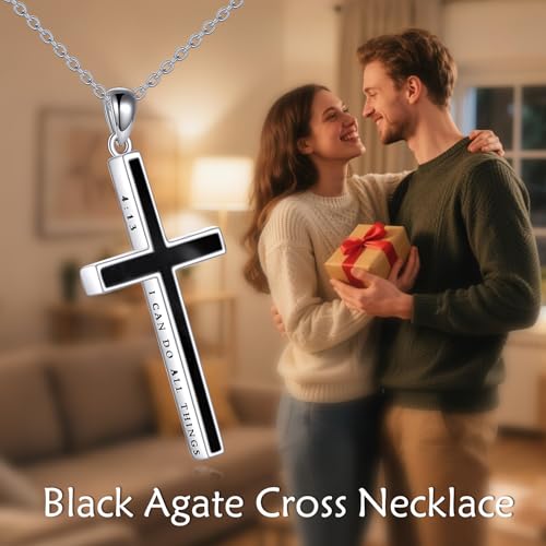 YFN Cross Necklace Sterling Silver Religious Cross Pendant Jewelry Christian Gifts for Women Men - style: C. Black Onyx Engraved