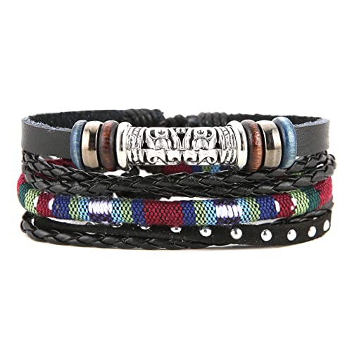 HZMAN Handmade Hemp Cords Wood Beads Leather Bracelets for Men Women - style: Ethnic Tribal