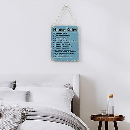 House Rules Wooden Hanging Sign, Farmhouse Living Room Home Decor Wall Art, Inspirational Family Quote, 8 x 10 Inches - color: House Rules