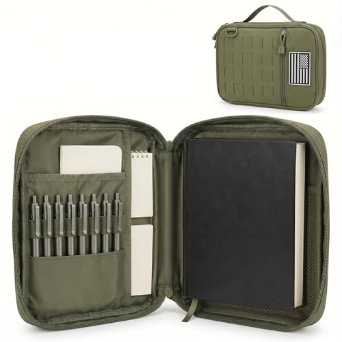 Tactical Bible Cover for Men, Large Bible Case with Shoulder Strap & US Flag Patch, Water Resistant Bible Carrier Bag with Handle, Multi Pockets for Church Study & Travel （Green） - color: Green