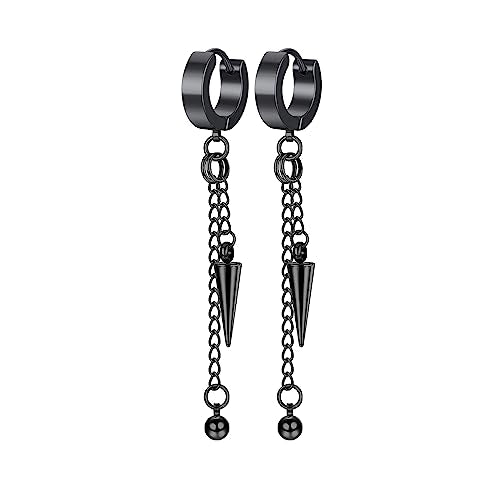 Unisex Punk Hip Hop Stainless Steel Silver Black Gold Tone Lock Thunder Lightning Bolt Dangle Huggie Hoop Earrings Gift for Women Men Boy Teens - color: Black-Spike Chain