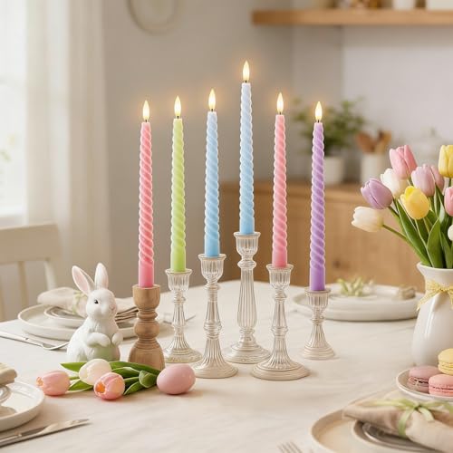 Whaline 8Pcs 10 Inch Easter Pastel Spiral Taper Candles Dripless Twisted Wax Candles Long Unscented Candle Sticks for Spring Home Party Dining Table Supplies - color: Easter