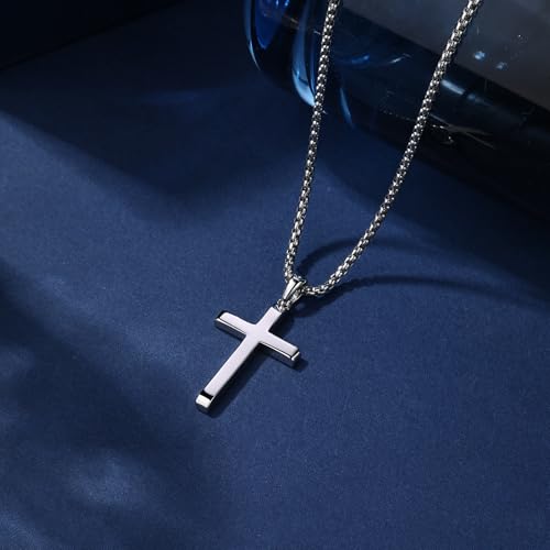 Small Dainty Cross Pendant Necklace 925 Sterling Silver for Women with 18", 20" Sturdy Chain 14K White Gold Plated - size: 20" Chain, style: Cuboid