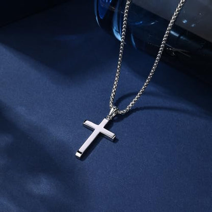 Small Dainty Cross Pendant Necklace 925 Sterling Silver for Women with 18", 20" Sturdy Chain 14K White Gold Plated - size: 18" Chain, style: Cuboid