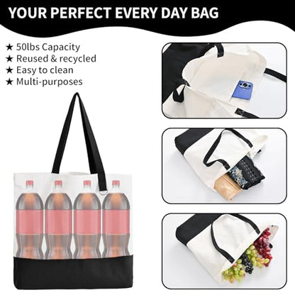 6-Pack Canvas Tote Bags with Zipper, Large Reusable Grocery Tote Bluk - color: Black/White