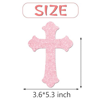 Cross Centerpiece Sticks 12Pcs LUCKYQUBE Pink Glitter Easter Cross God Bless Centerpieces for Table First Communion Baptism Decorations for Girls God Bless Theme Party Supplies