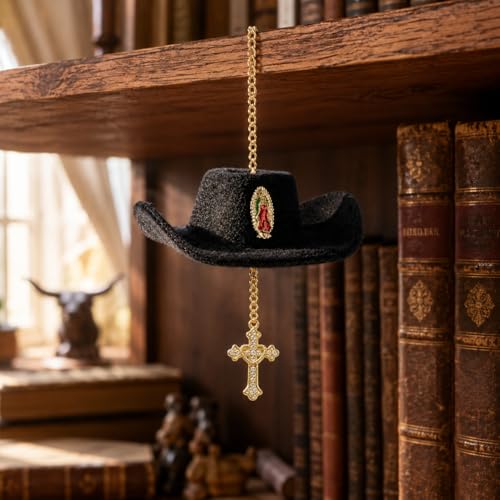 Cowboy Hat Cross Car Charm, Baptism Rear View Mirror Charm - color: Virgin Mary