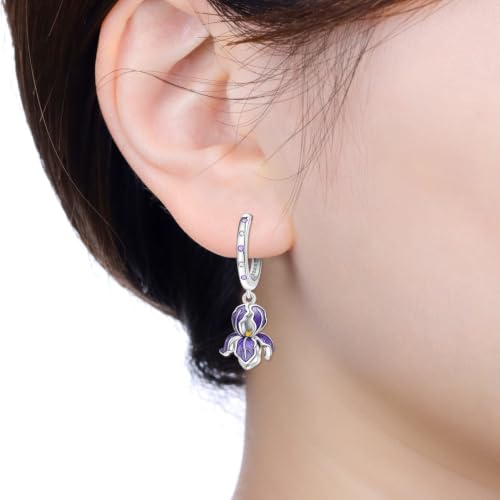 925 Sterling Silver Drop & Dangle Earrings for Women,Butterfly Dragonfly and Bee|Flower and leaf Earrings, Suitable for Sensitive Ears Fashion Jewelry Gift- Hypoallergenic Earrings - color: Purple Iris Earrings