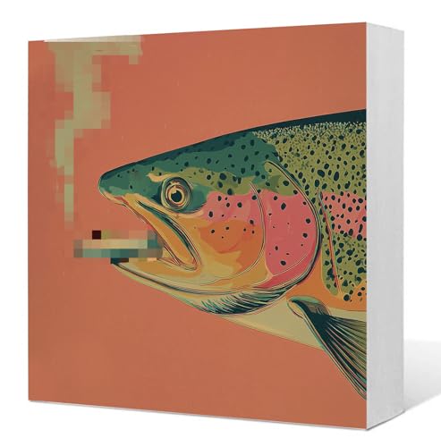 Whimsical Funny Trout Fish Wooden Box Sign, Beach House Decor, Retro Quirky Trout Fish with Cigar Wood Signs for Home Bedroom Cabin Desk Table Shelf Decoration, 5x5 Inch - color: Funny Trout Fish