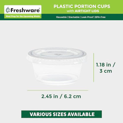 Freshware Plastic Portion Cups with Lids [2 Ounce, 200 Sets] Disposable Plastic Cups for Meal Prep, Salad Dressing, Jellos Shot Cups, Souffle Cups, Condiment and Dipping Sauce Cups - size: 2 oz - 200 sets