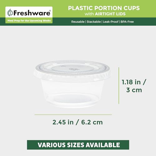 Freshware Plastic Portion Cups with Lids [2 Ounce, 100 Sets] Disposable Plastic Cups for Meal Prep, Salad Dressing, Jellos Shot Cups, Souffle Cups, Condiment and Dipping Sauce Cups - size: 2 oz - 100 sets