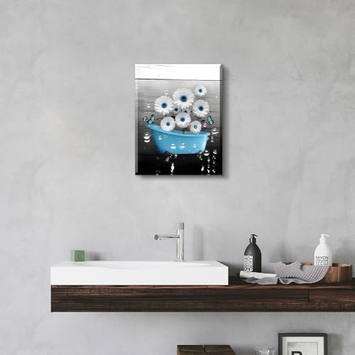 QPOKLAF Blue Bathroom Wall Art Canvas Prints Farmhouse Wall Deocr,Blue Tub Flower Posters Washroom Aesthetic Decoration 12x16inch Framed - color: Blue Tub Flower Farmhouse Wall Deocr (Ready to Hang)