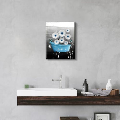 QPOKLAF Blue Bathroom Wall Art Canvas Prints Farmhouse Wall Deocr,Blue Tub Flower Posters Washroom Aesthetic Decoration 12x16inch Framed - color: Blue Tub Flower Farmhouse Wall Deocr (Ready to Hang)