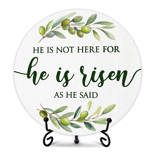 He Is Risen Sign, Religious Easter Decorations for Home Office, Christian Round Wood Plaque with Stand, Easter Table Decor for Entryway Shelf, Resurrection Decor for Easter, Spring Gifts (42)
