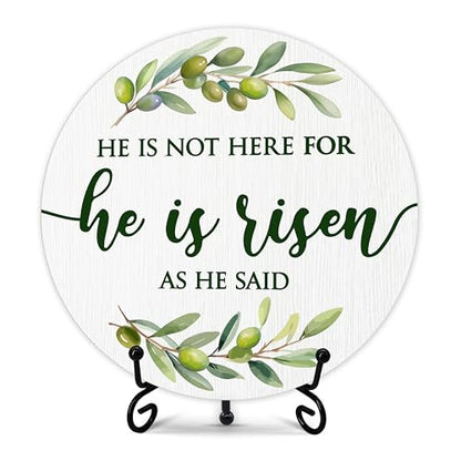 He Is Risen Sign, Religious Easter Decorations for Home Office, Christian Round Wood Plaque with Stand, Easter Table Decor for Entryway Shelf, Resurrection Decor for Easter, Spring Gifts (42)