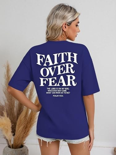Faith Over Fear Shirt for Women Graphic Shirts Oversized Graphic Christian Tshirts Tees Tops - color: Blue, size: Small