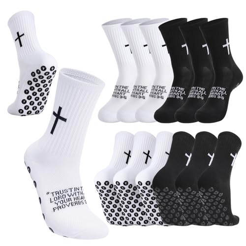 Men Cross Grip Soccer Socks with Bible Verse, 6 Pairs, Size 7-11 - color: Proverbs 3:5 - Black & White