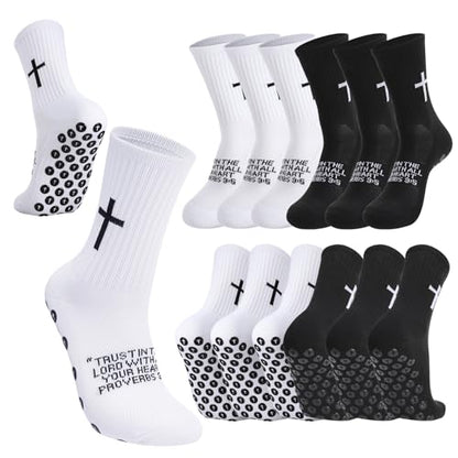 Men Cross Grip Soccer Socks with Bible Verse, 6 Pairs, Size 7-11 - color: Proverbs 3:5 - Black & White