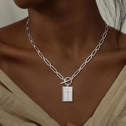 CHESKY Cross Necklace for Women Trendy, Dainty 14K Gold Plated Paperclip Charm Necklace for Womens Chunky Cross Pendant Necklace Gold Jewelry Religious Christian Gifts for Christians - color: Cross-SL