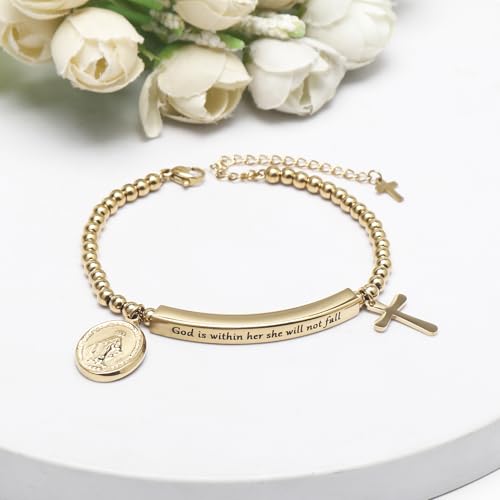 DS Women Christian Charm Bracelet,Cross Scripture Stainless Steel Jewelry - style: God is Within Her She Will Not Fall-Gold