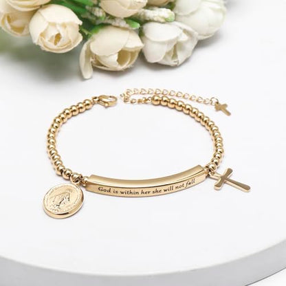 DS Women Christian Charm Bracelet,Cross Scripture Stainless Steel Jewelry - style: God is Within Her She Will Not Fall-Gold