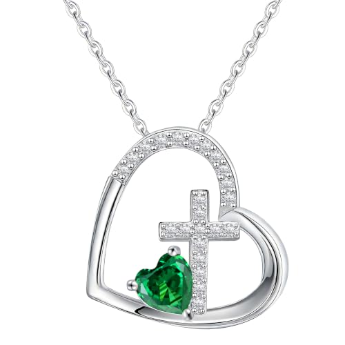 JSJOY Cross Necklace Christian Gifts for Women Heart Birthstone Necklace Religious Birthday Gifts for Mom Daughter Christmas Stocking Stuffers Baptism Confirmation Gifts for Teens - color: Silver - 05 Emerald