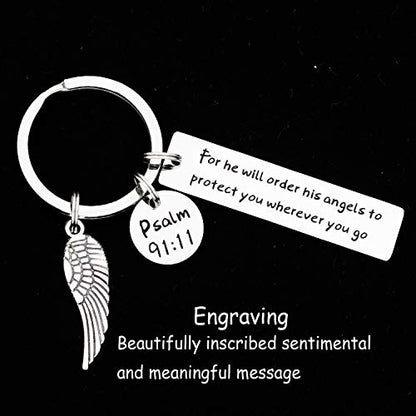 Kivosliviz Bible Verse Keychain for He Will Order His Angels to Protect You Scripture Keychain Religious Gifts - color: He Will Order His Angels