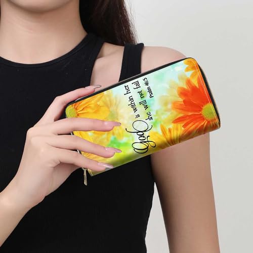 Daisy Floral Quote Bible Verses Psalm 46:5 Print Wallet for Women Large Capacity Wallet Credit Card Holder PU Leather Zipper Clutch Purse Phone Wallet - color: Daisy Floral Quote Bible Verses Psalm 46:5
