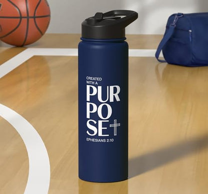 Created With A Purpose Ephesians 2 10 Verse Stainless Steel Insulated Water Bottle - color: Navy Blue