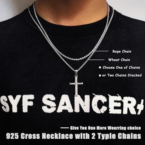 LOFITOR Mens Sterling Silver Cross Necklace for Women S925 Crucifix Pendant - size: 22 inches, style: Beveled Edge Cross Necklace