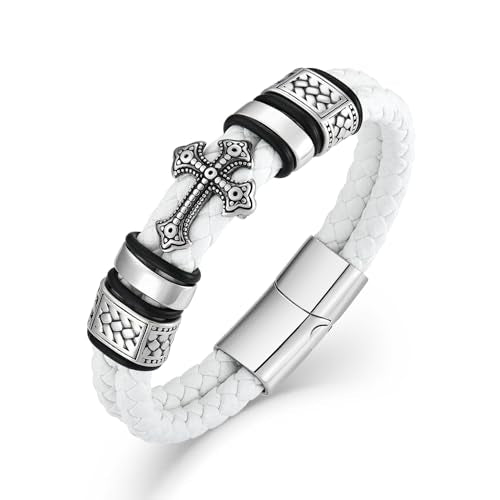 Mens Christian Cross Double Row Leather Bracelet, Religious Braided Cuff Bracelet for Men - color: White, size: 8.1 inches