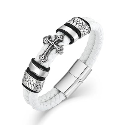 Mens Christian Cross Double Row Leather Bracelet, Religious Braided Cuff Bracelet for Men - color: White, size: 8.5 inches
