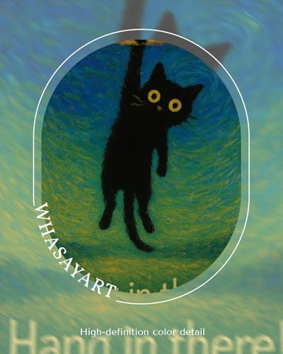 WHASAYART Funny Black Cat Hanging with Uplifting, Hang in There Quote Framed Wall Art, 12x16 Positive Inspirational Cute Animal Canvas Print, Motivational Pet Painting Room Bedroom Office Wall Decor - color: Hanging