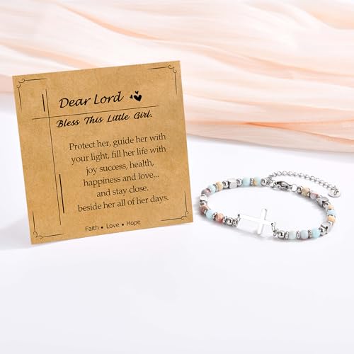 Christian Cross Bracelet for Women Girls, Adjustable Stainless Steel Beaded Cross Bracelets, First Communion Confirmation Easter Religious Bapstim Natural Gemstone Jesus Bracelet Gifts for Her - style: Dear Lord