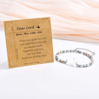 Christian Cross Bracelet for Women Girls, Adjustable Stainless Steel Beaded Cross Bracelets, First Communion Confirmation Easter Religious Bapstim Natural Gemstone Jesus Bracelet Gifts for Her - style: Dear Lord